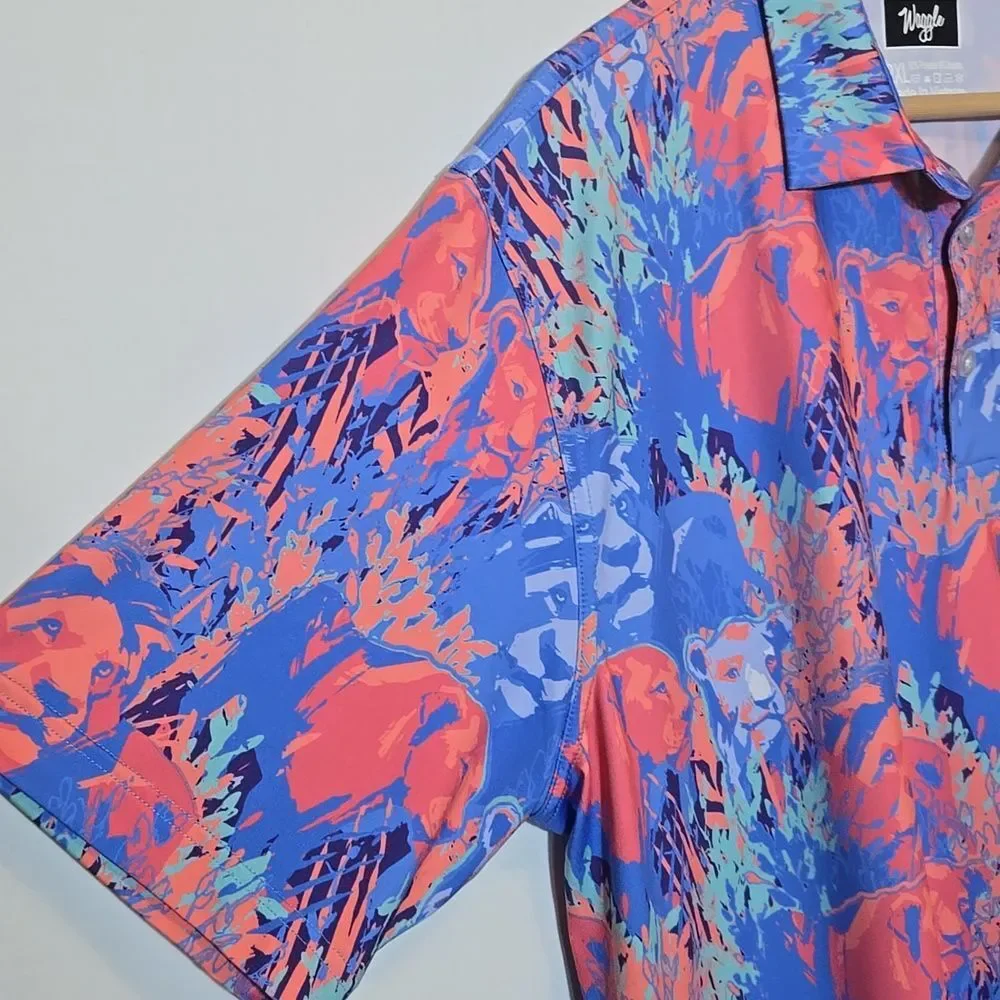 Waggle Men's Clubhouse King Golf Polo Shirt 2XL Lion Tropical Print Short Sleeve - Picture 5 of 10